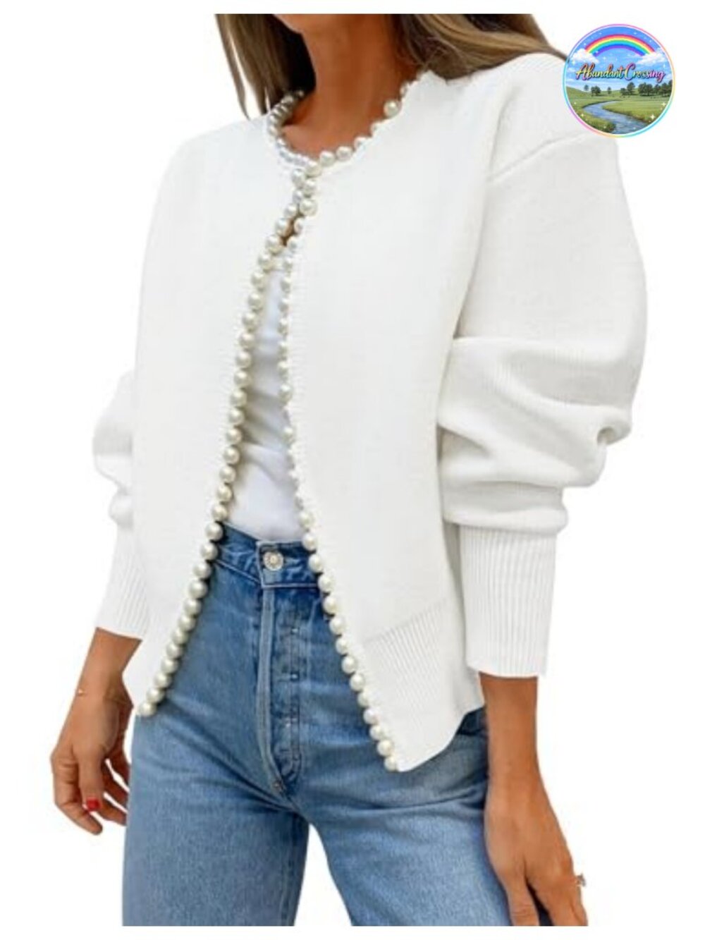 Pearl Trim Open Front Cardigan Sweater Knit Long Sleeve